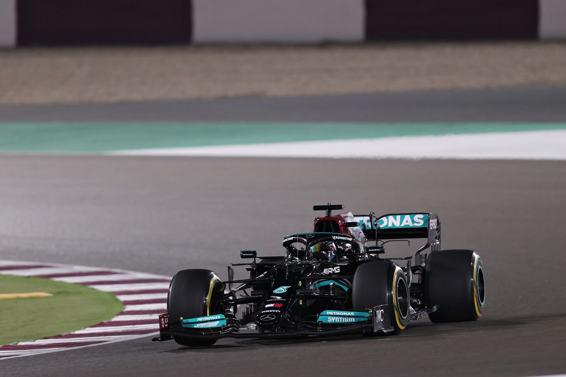 F1 Grand Prix of Qatar - Lewis Hamilton takes a right-hander during the main race on Sunday.