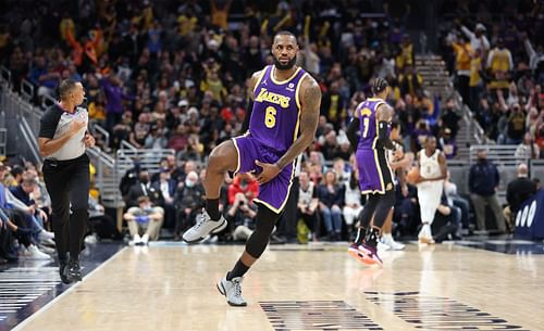 LeBron James #6 of the Los Angeles Lakers celebrates in the 124-116 OT win against the Indiana Pacers