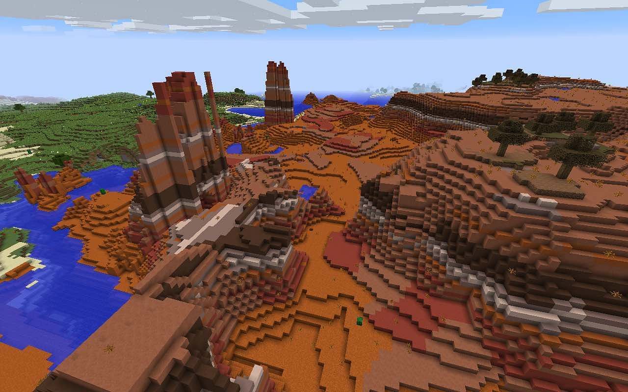A Mesa biome with rivers spread across and around it (Image via Minecraft)
