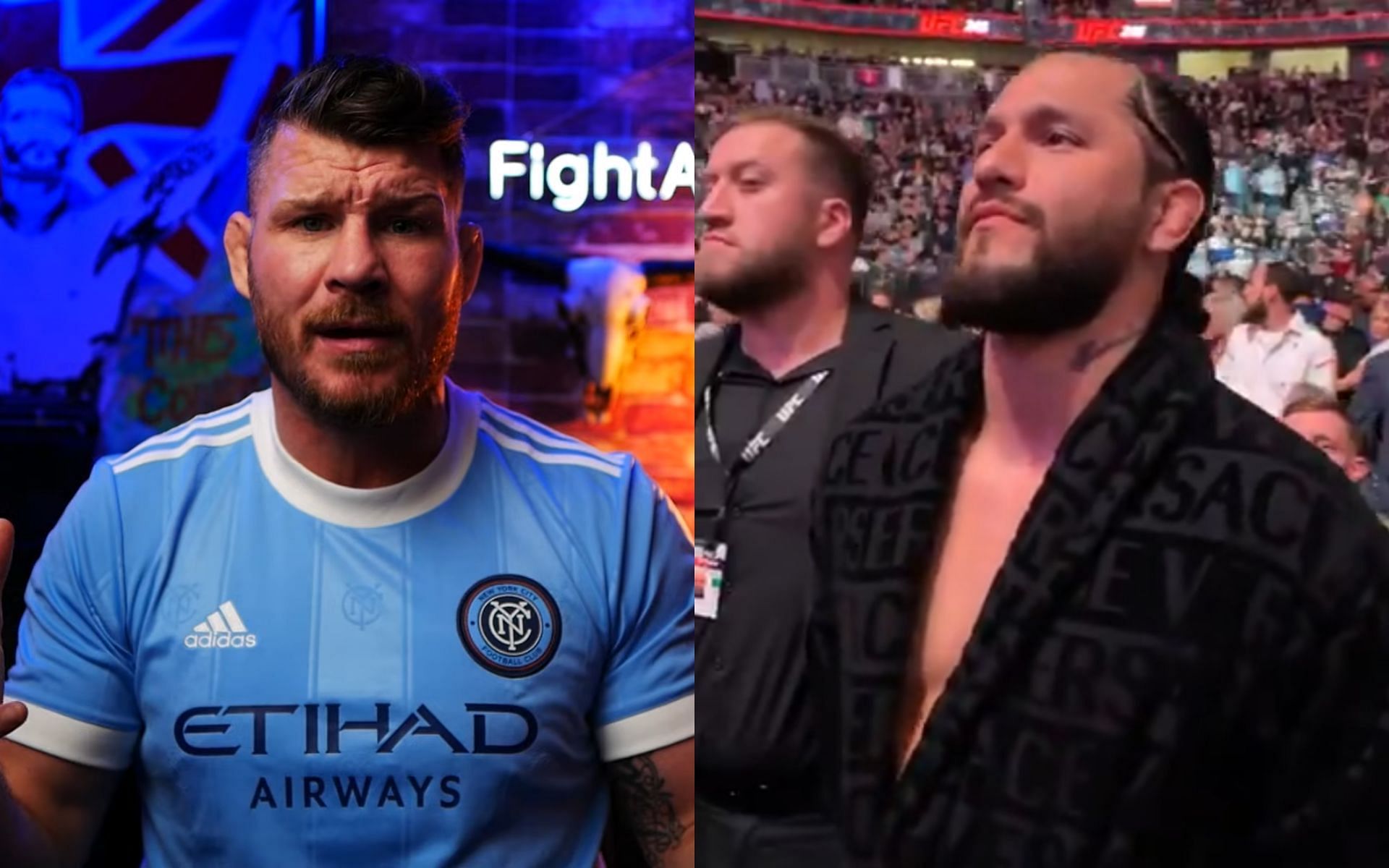Michael Bisping (left) via YouTube/MichaelBisping; Jorge Masvidal (right) in his Versace robe. Image via. Twitter/espnmma