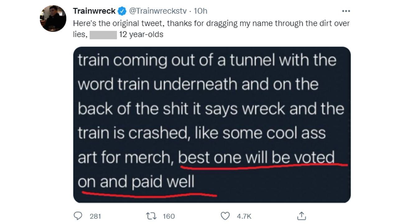 Trainwreck highlighted that it was a contest and not a commission (Image via TrainwrecksTV on Twitter)