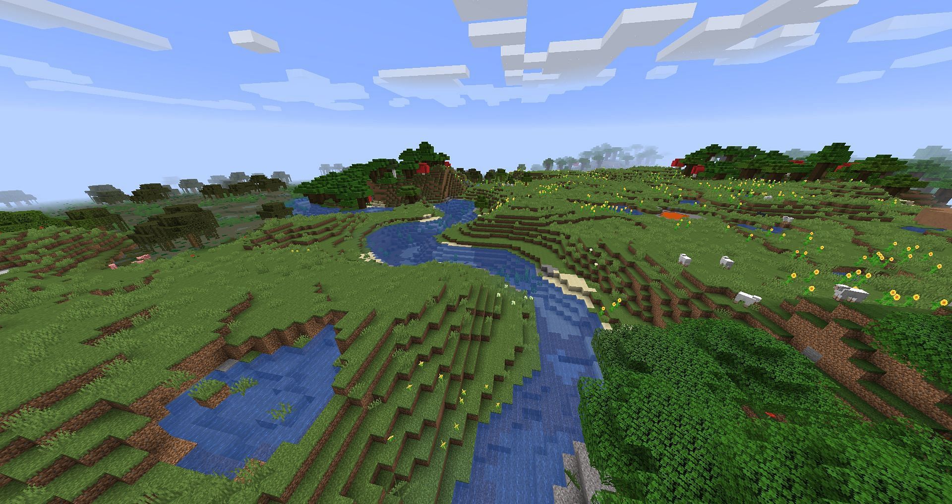 A river on the edge of an oak forest (Image via Minecraft)