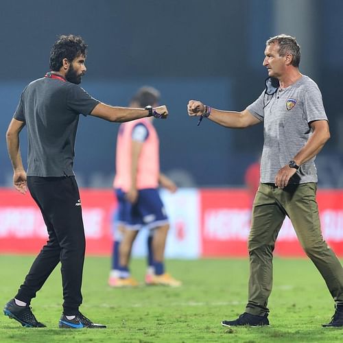 NorthEast United FC coach Khalid Jamil with former Chennaiyin FC coach Csaba Laszlo (Image Courtesy: NorthEast United Instagram)