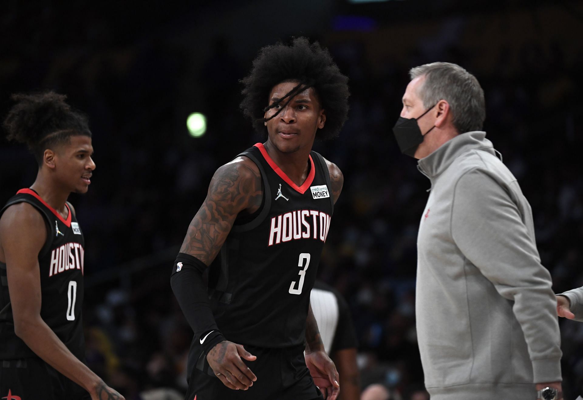 Kevin Porter Jr. #3 of the Houston Rockets reacts during a break in the action against the Los Angeles Lakers during the second half of the game at Staples Center on October 31, 2021 in Los Angeles, California.