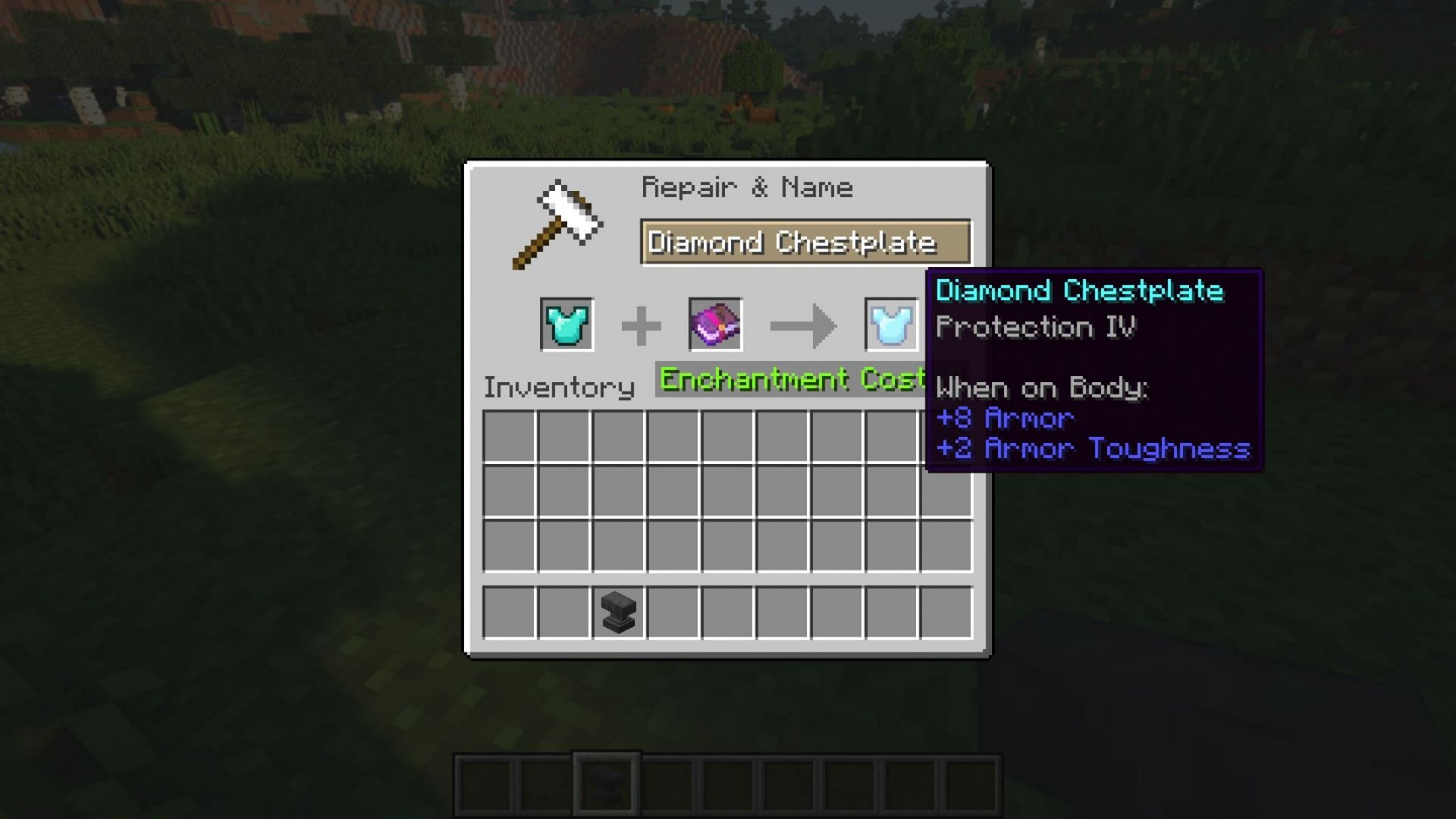 Protection IV being placed on a diamond chestplate using an enchantment book (Image via Mojang)