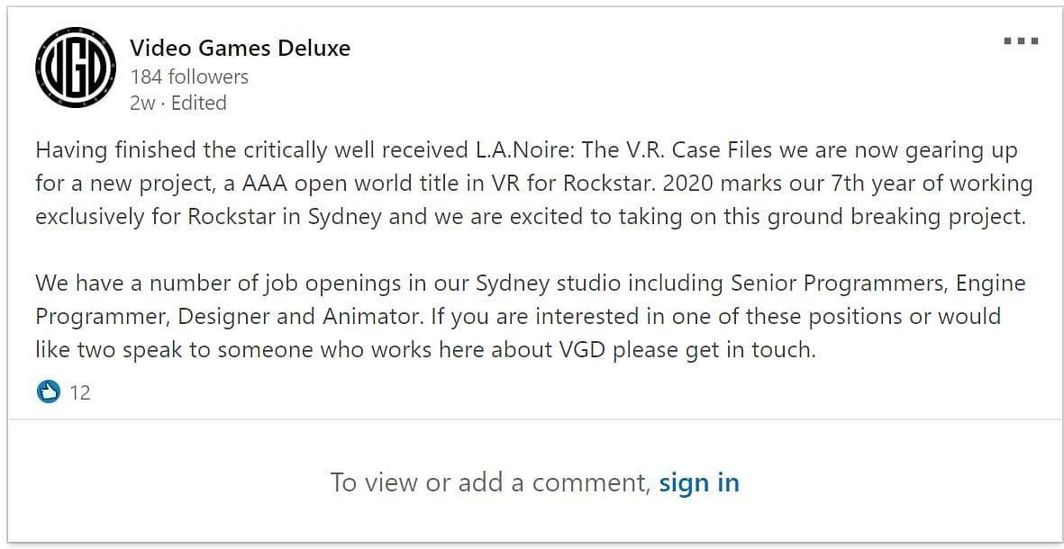Video Games Deluxe teased the possibility of working with Rockstar Games again back in 2020 (Image via LinkedIn)