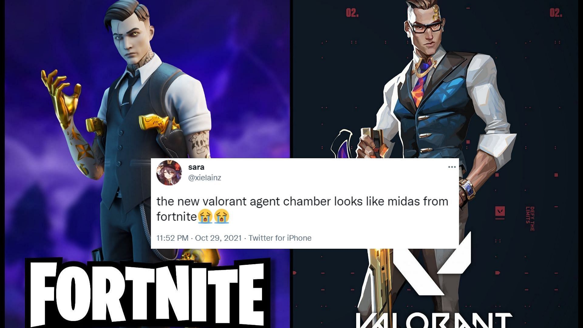 Twitter explodes with memes due to Valorant&#039;s Chamber&#039;s resemblance with Fortnite&#039;s Midas (Image via Sportskeeda)
