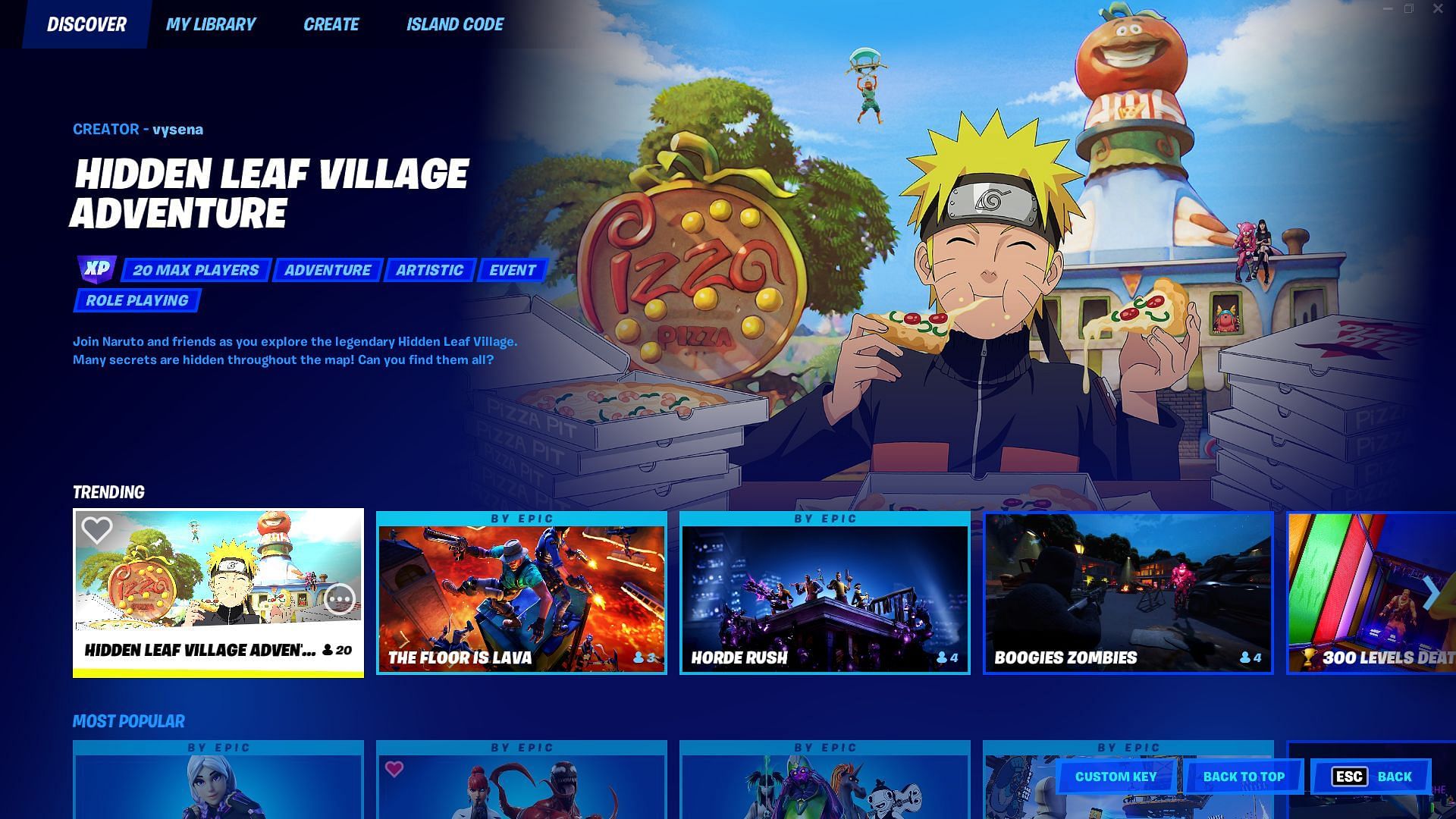 Hidden Leaf Village Adventure can be found on the extreme left in the Discovery Tab (Image via Fortnite/Epic Games)