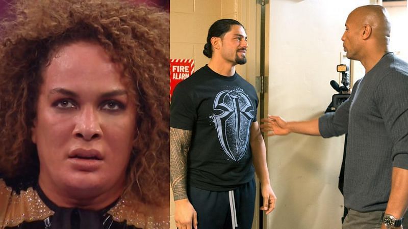 Nia Jax (left); Roman Reigns and The Rock (right)