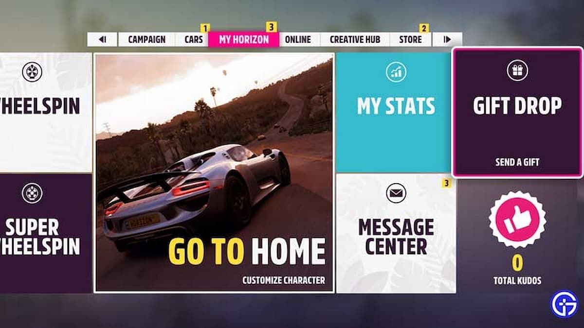 The Gift Drop option on the Forza Horizon 5 pause menu (Image via Playground Games)