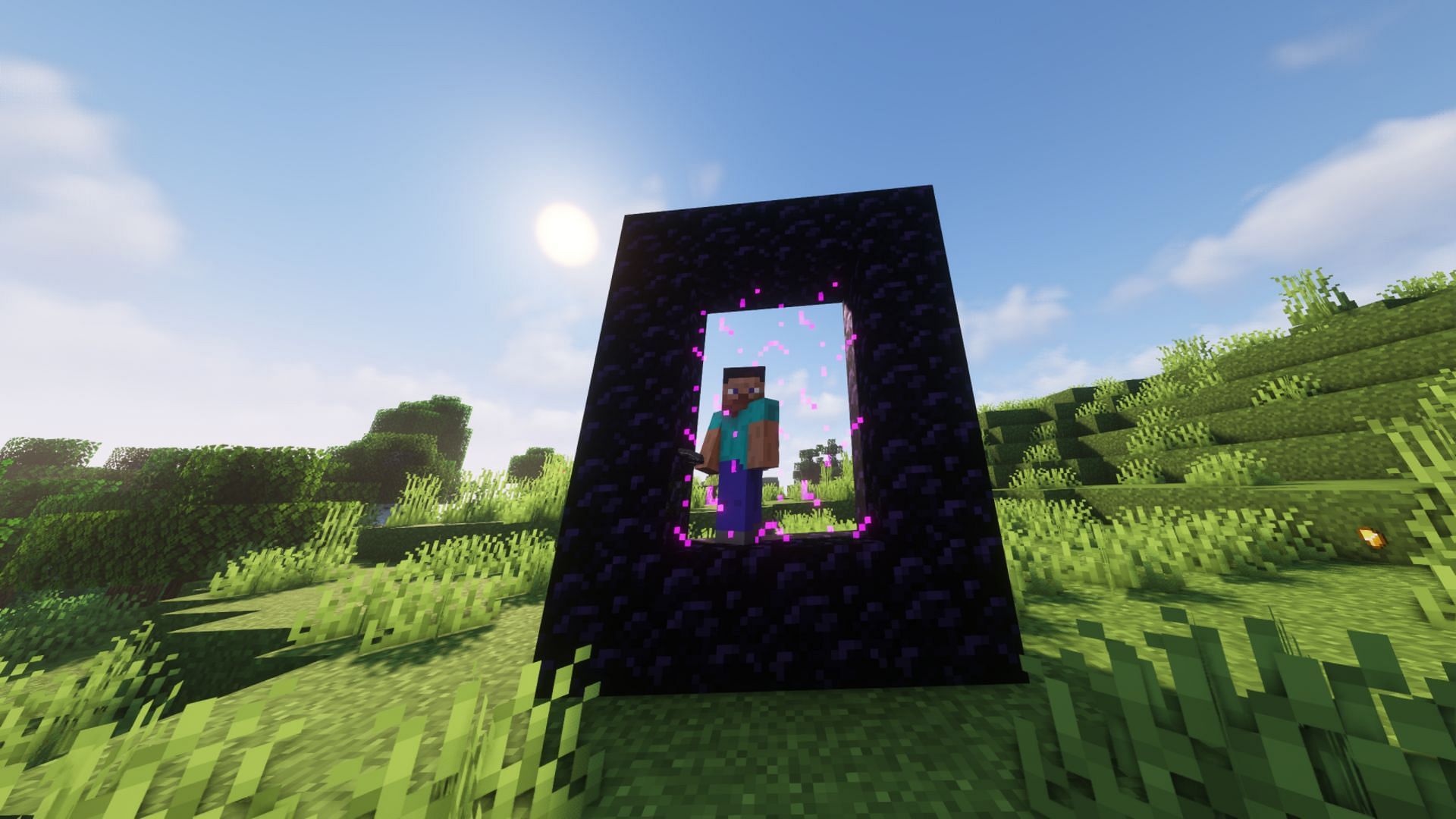 Steve standing in a Nether portal (Image via Minecraft)