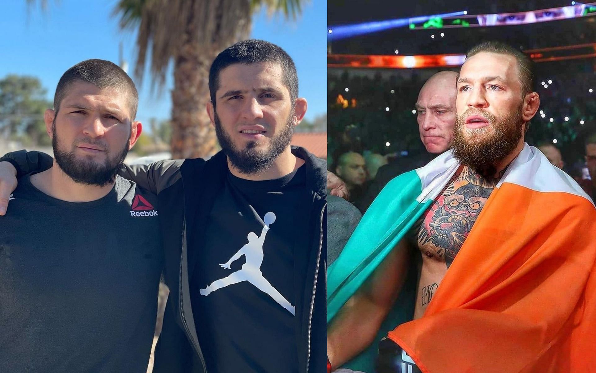 Islam Makhachev &amp; Khabib Nurmagomedov (left), Conor McGrgegor (right) [Images courtesy: @islam_makhachev @thenotoriousmma_ on Instagram]