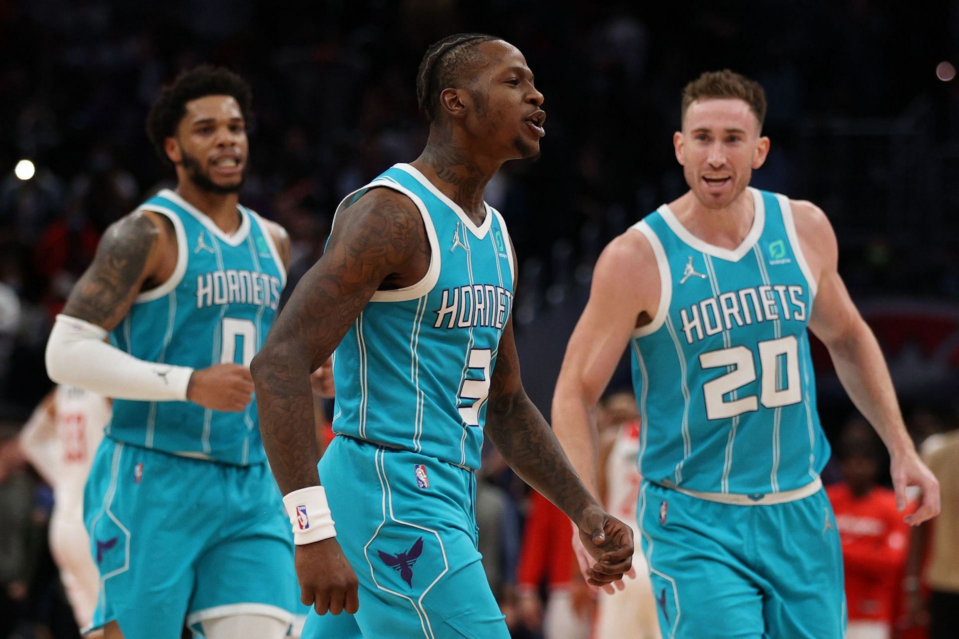 Charlotte Hornets key players Miles Bridges #0 (left), Terry Rozier #3 (middle), and Gordon Hayward #20 (right)