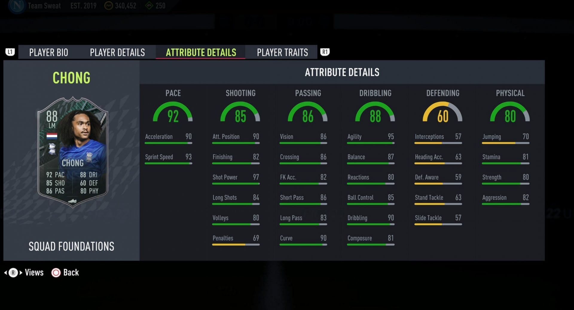 Chong Squad Foundations card stats (Image via FIFA 22)