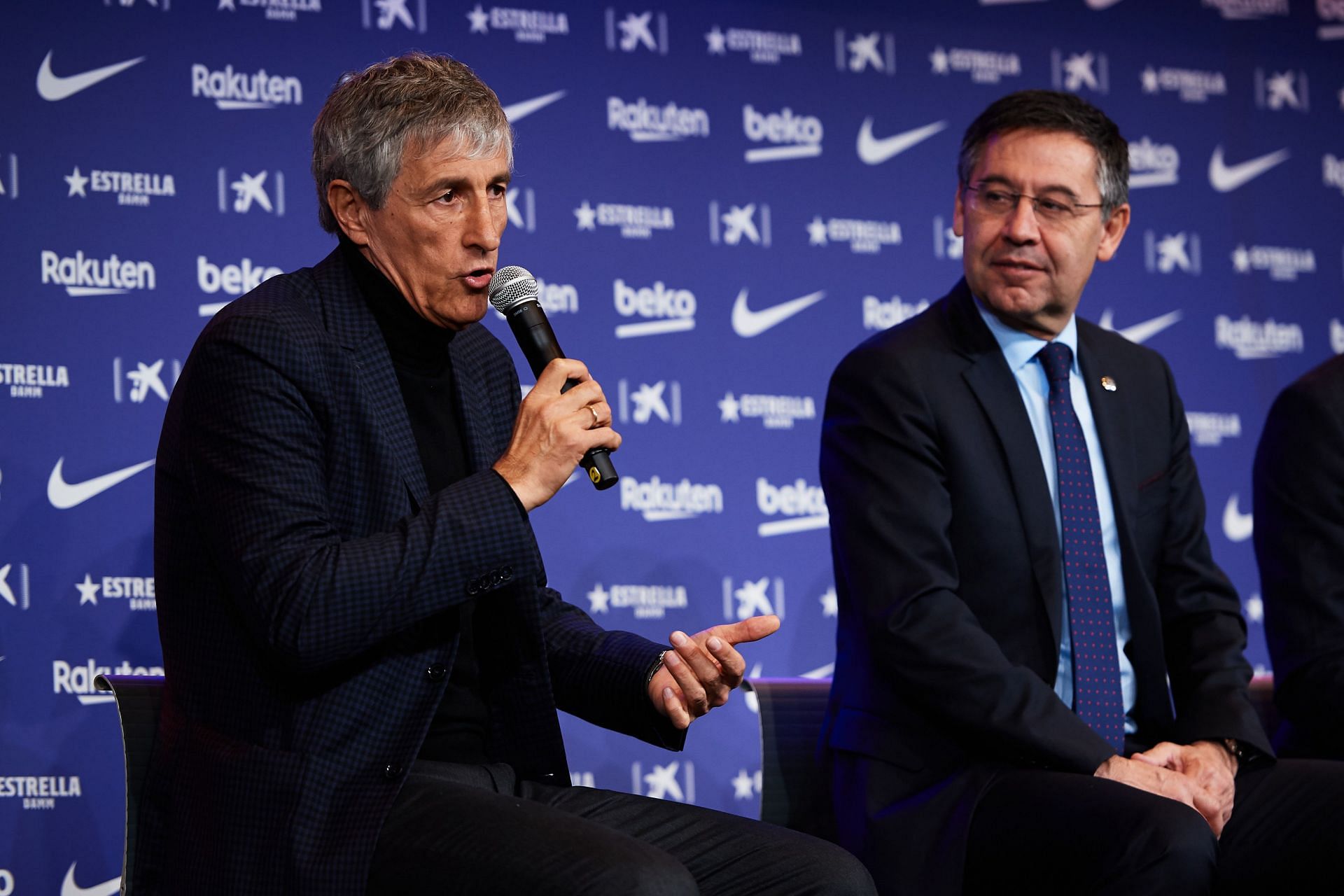 Josep Maria Bartomeu (right) appoints Quique Setien as Barcelona manager, which was a disaster.