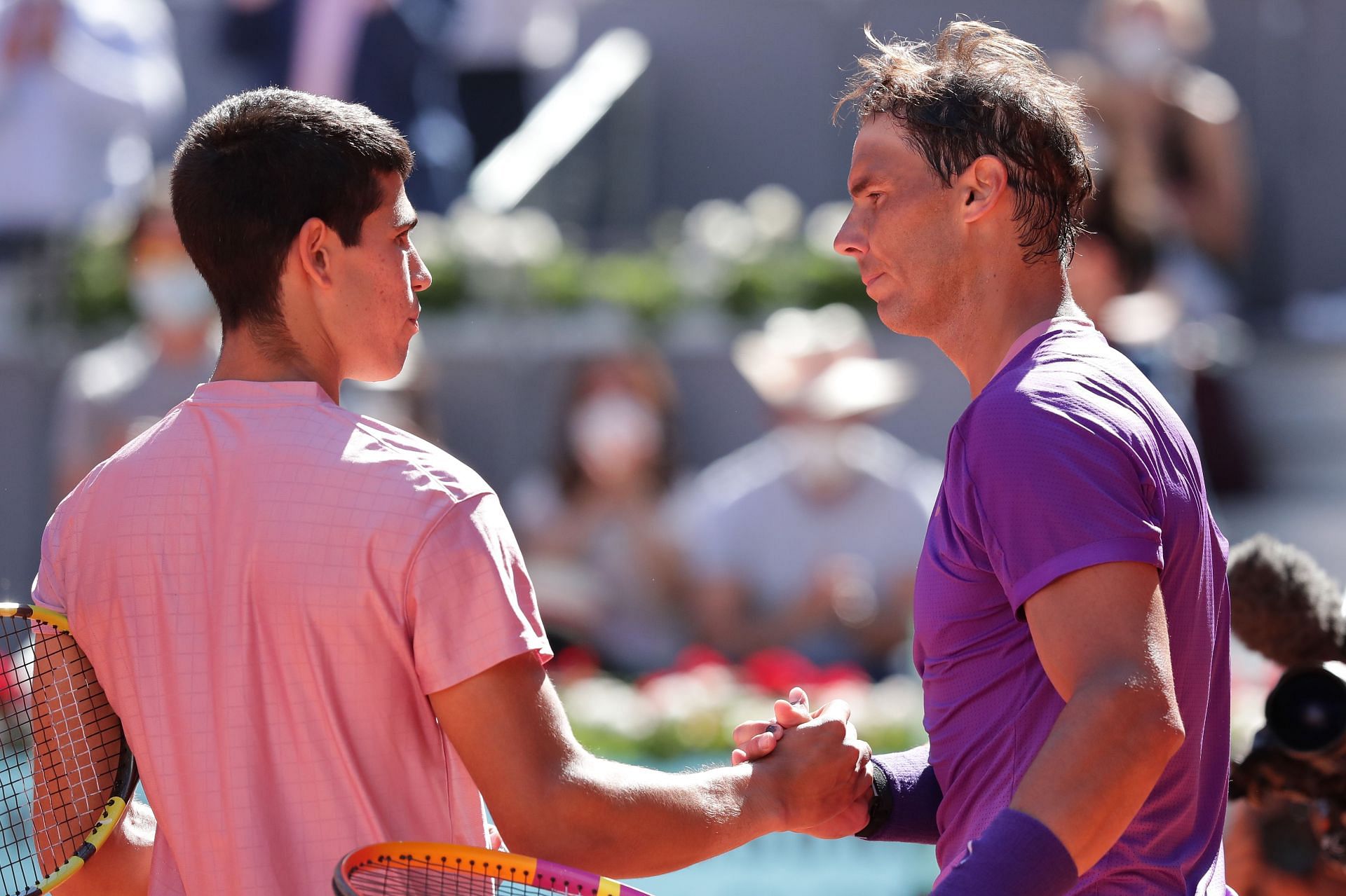 Carlos Alcaraz and Rafael Nadal after their match at the 2021 Mutua Madrid Open