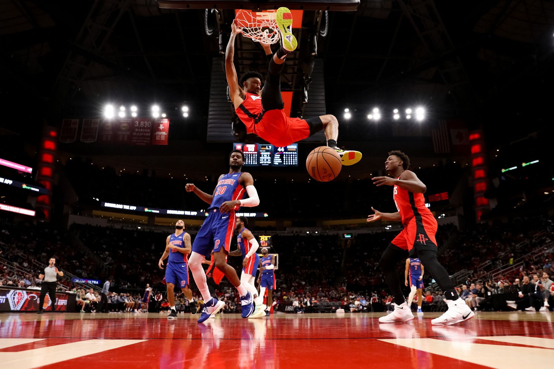 Christian Wood dunks the ball at the Detroit Pistons v Houston Rockets game