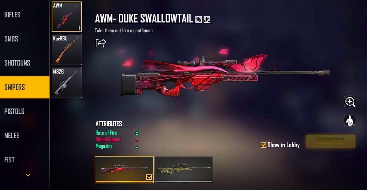 AWM Swallowtail weapon skin in Free Fire (Image via Garena)