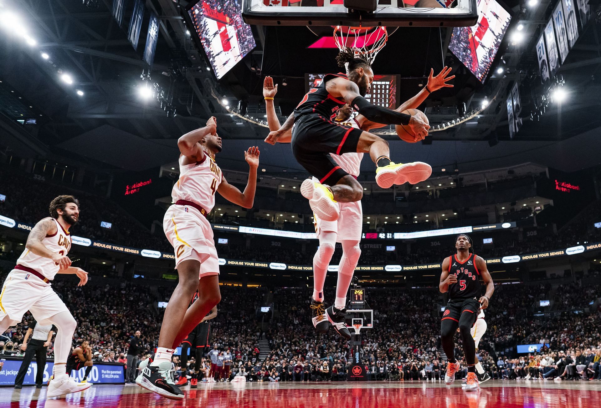 The Toronto Raptors in action against the Cleveland Cavaliers.