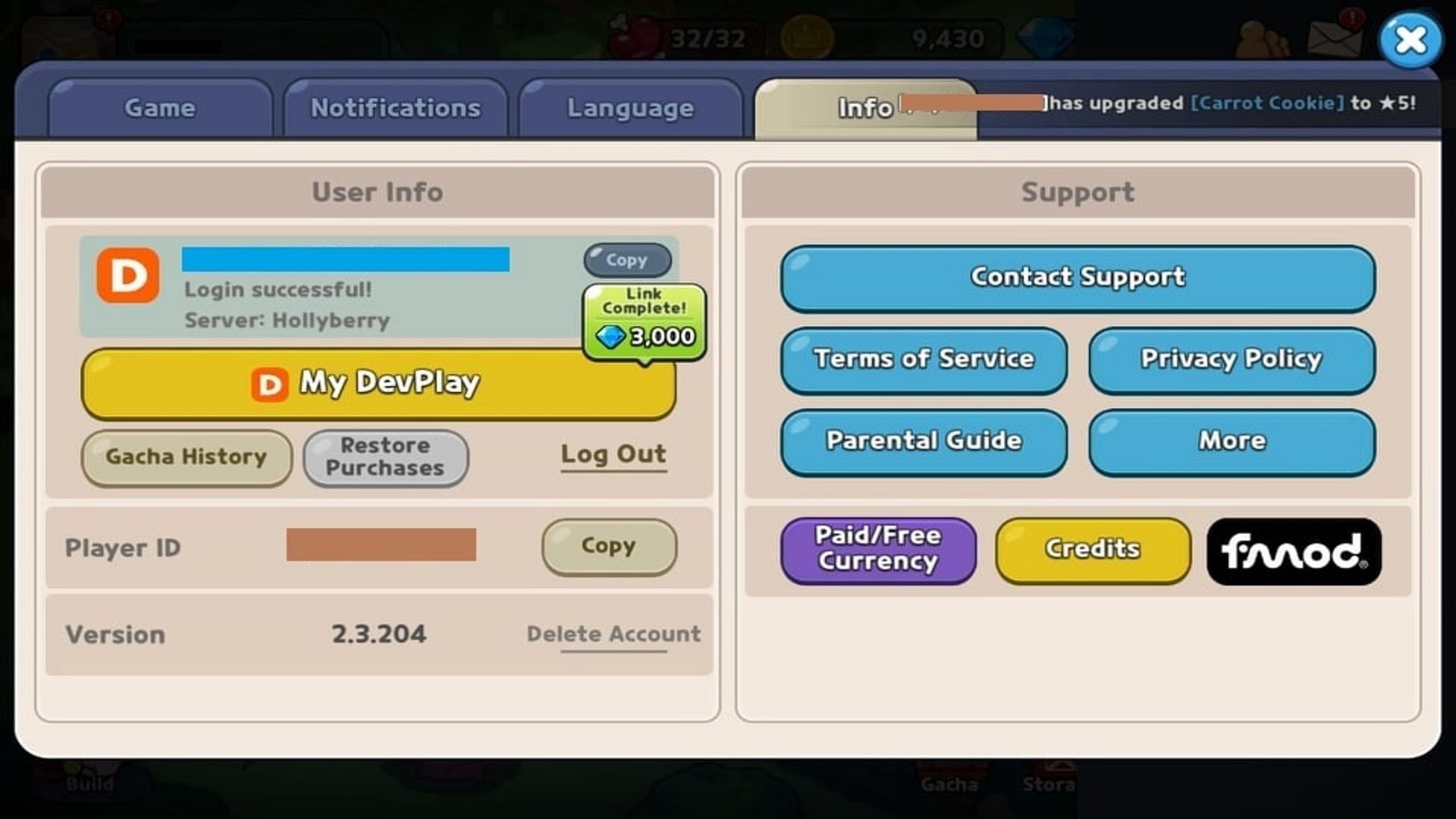 User Info gives everything you need (Image via Cookie Run: Kingdom)
