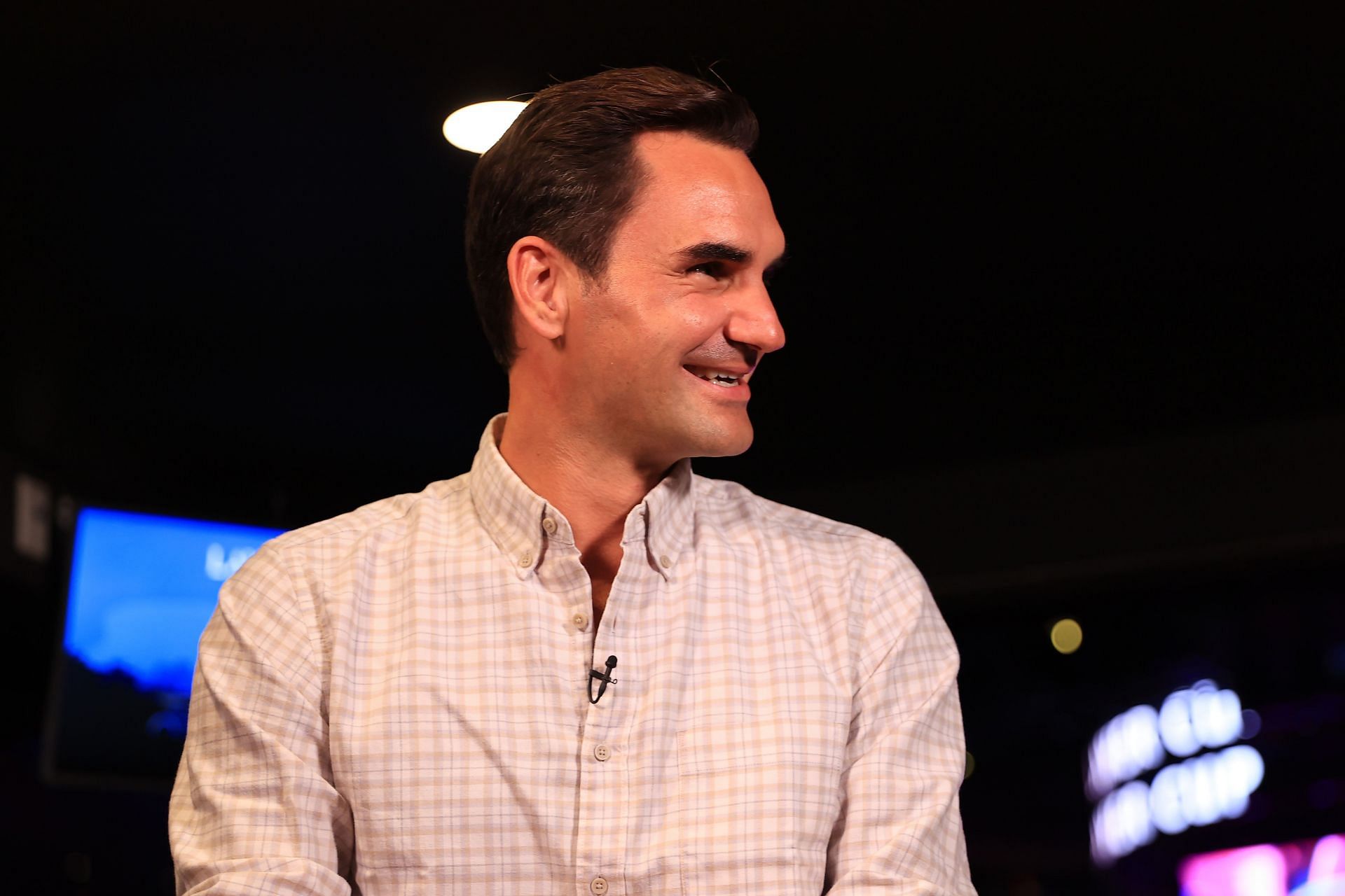 Roger Federer reacts during an interview with Andy Roddick on Day 2 of the 2021 Laver Cup