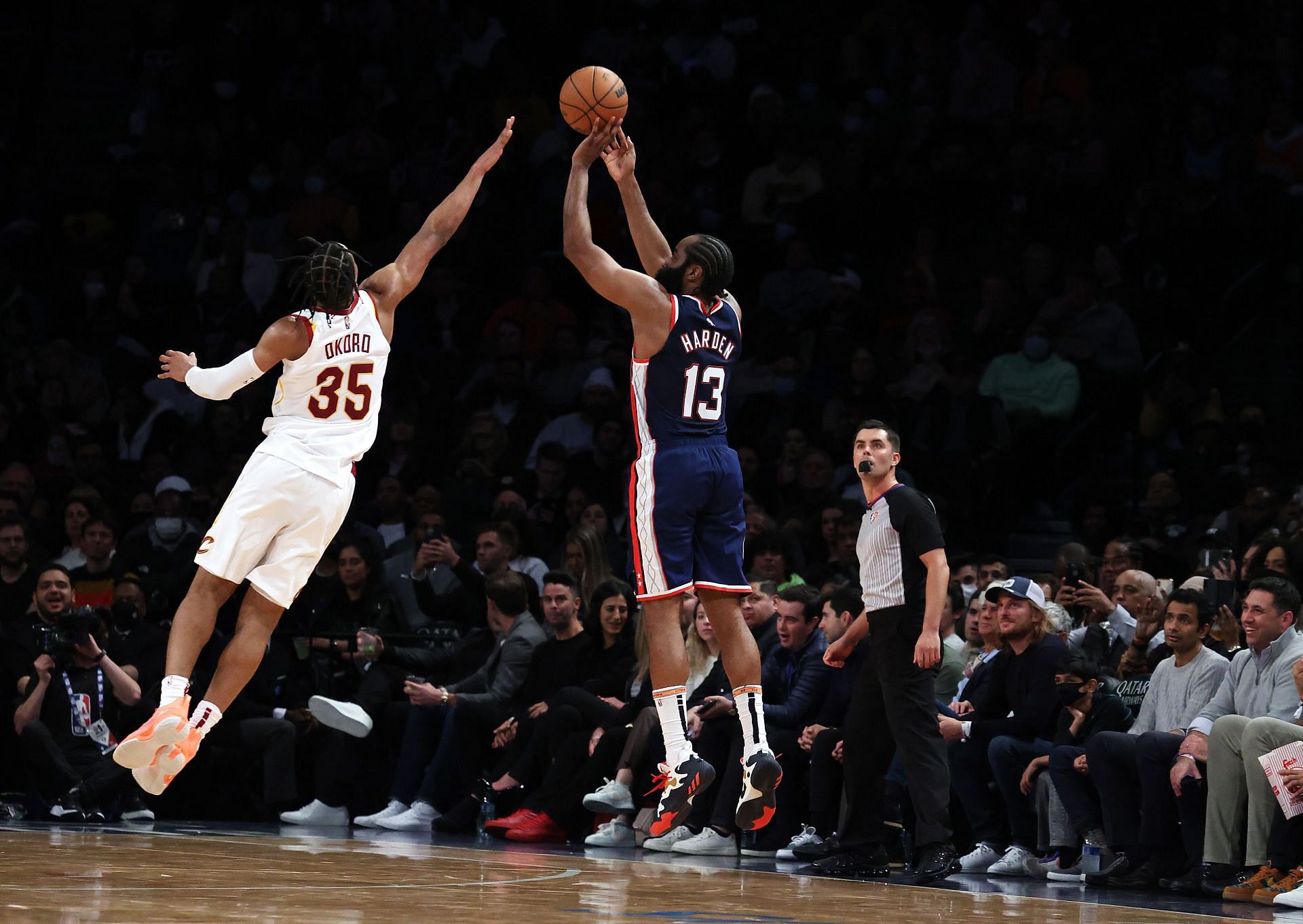 James Harden of the Brooklyn Nets shoots from deep against the Cleveland Cavaliers