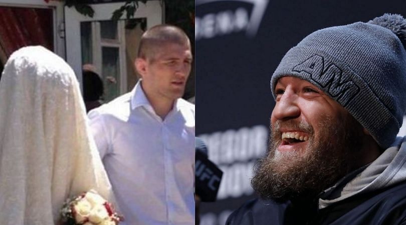 Khabib Nurmagomedov with his wife Patimat (left) and Conor McGregor (right)