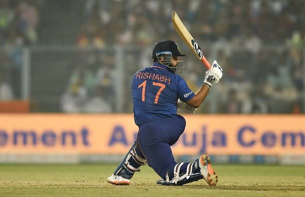 Rishabh Pant of India plays a shot during the Third T20 International match between India and New Zealand at Eden Gardens on November 21, 2021 in...