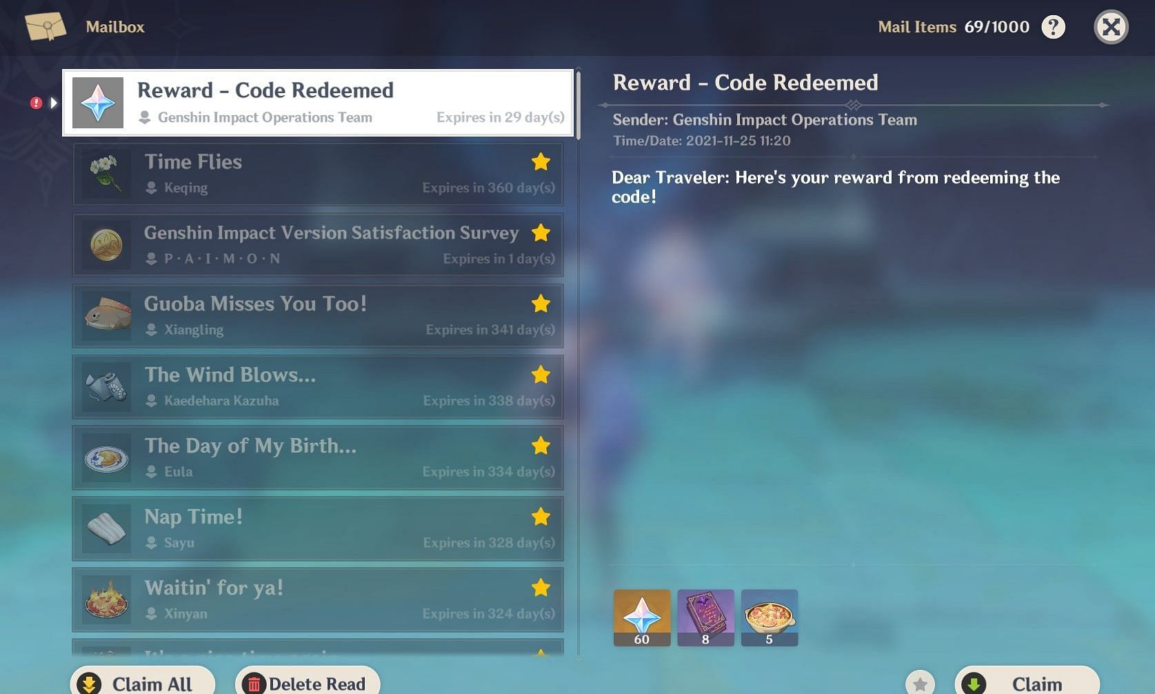 The in-game mail for these rewards (Image via Genshin Impact)