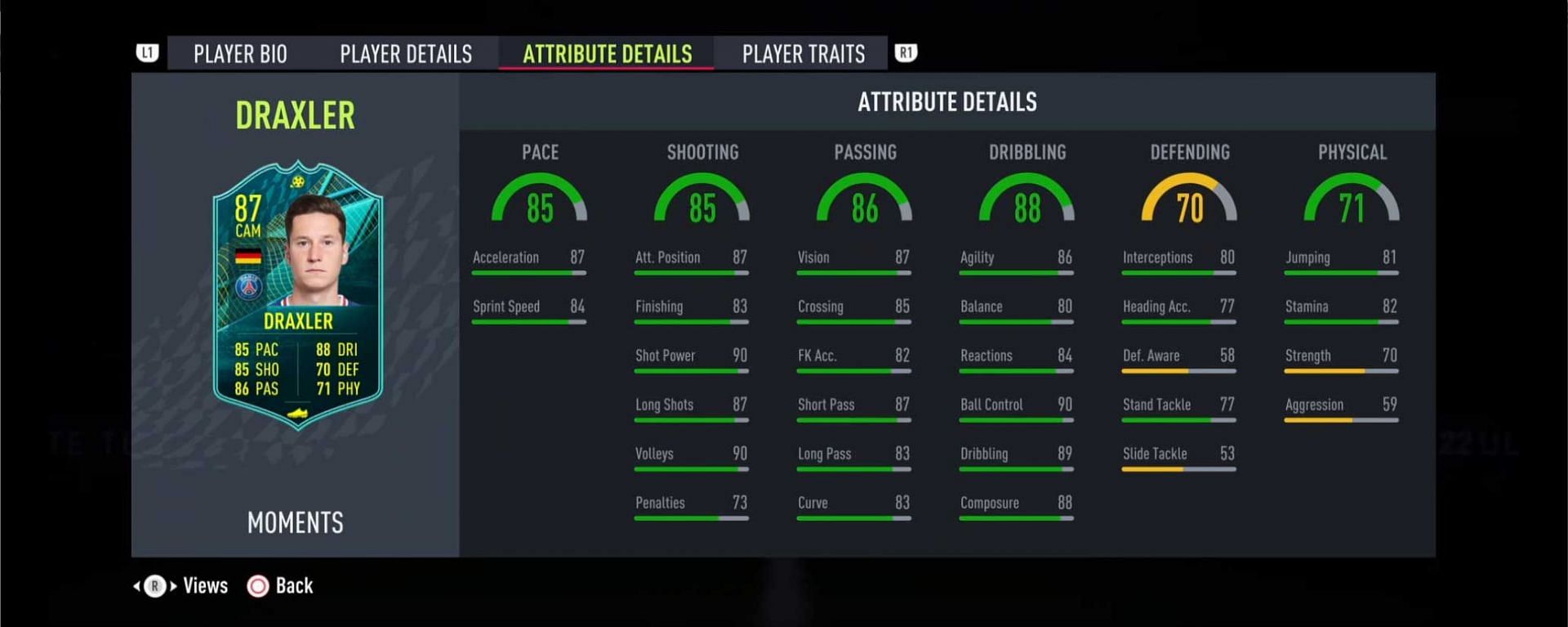 Draxler Players Moments card stats (Image via FIFA 22)
