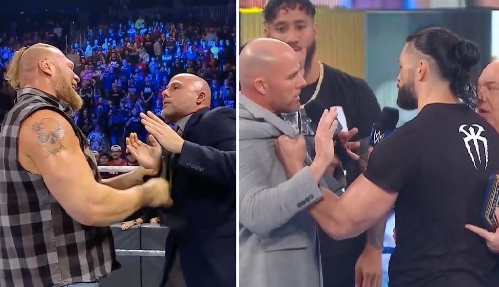 Brock Lesnar and Roman Reigns manhandling Adam Pearce