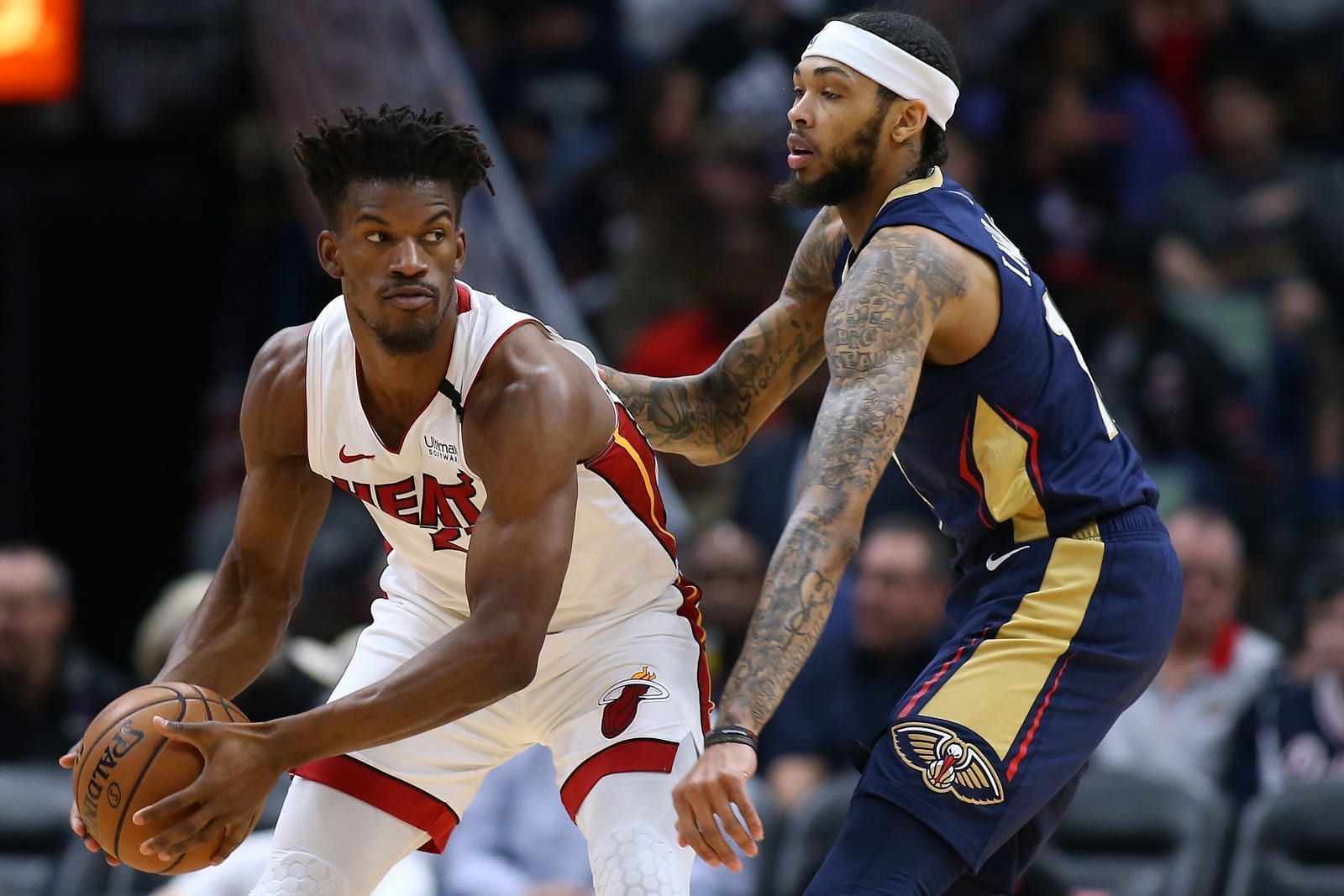 Jimmy Butler of the Miami Heat against Brandon Ingram of the New Orleans Pelicans