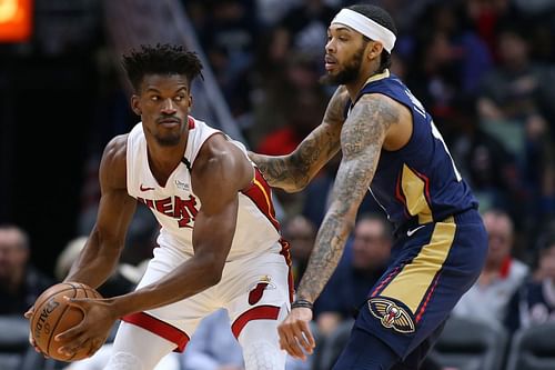 Jimmy Butler of the Miami Heat against Brandon Ingram of the New Orleans Pelicans