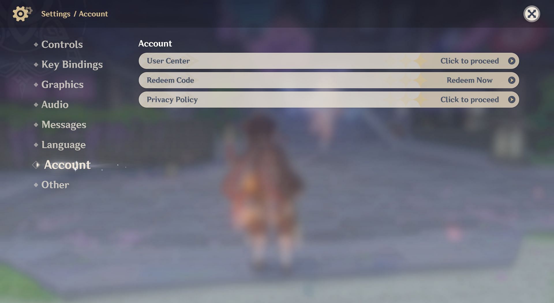 Account option in Settings (Image via Genshin Impact)