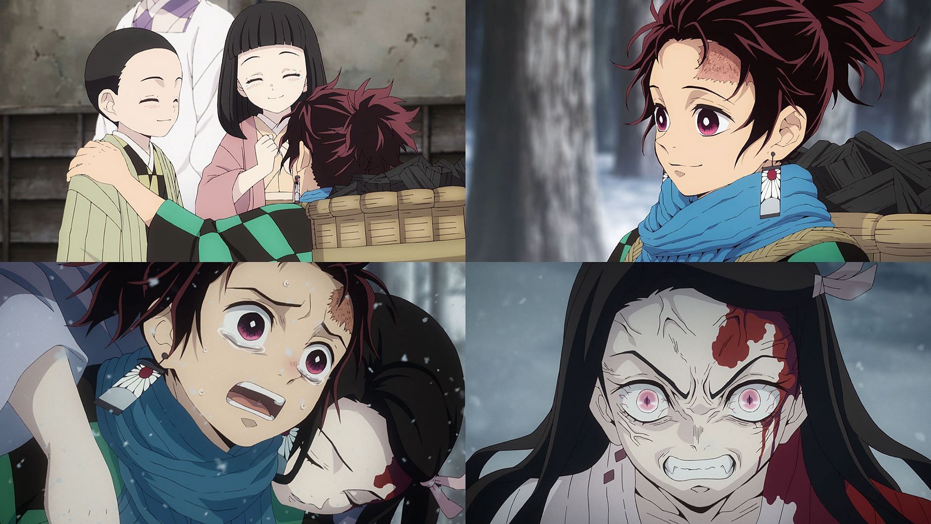 A collage of images from Demon Slayer&#039;s premiere episode. From left to right, top to bottom, we see Tanjiro interacting with his younger siblings, Tanjiro in the local woods, Tanjiro carrying Nezuko after finding the rest of his family dead, and finally Nezuko after transforming into a demon (Image via Ufotable Studio)