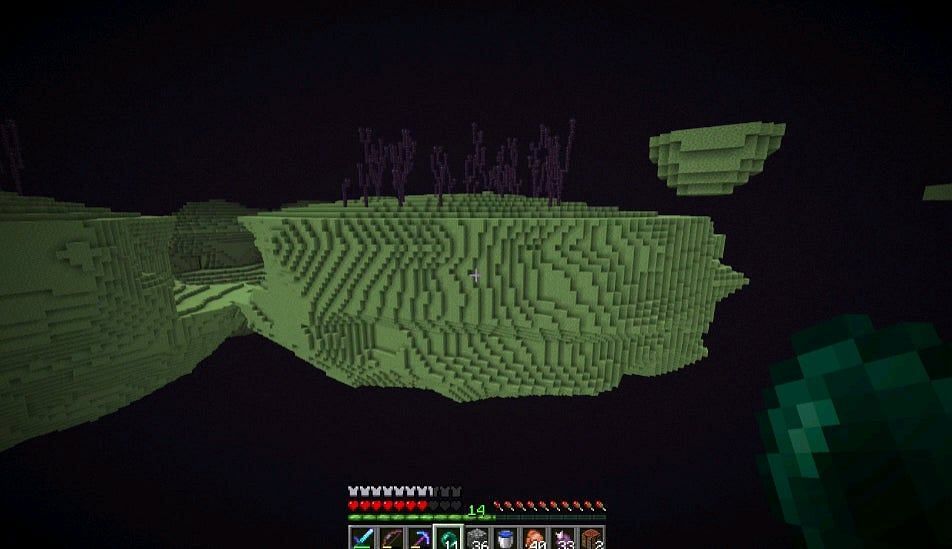 The dark emptiness below End Cities and islands make up the void (Image via Minecraft)