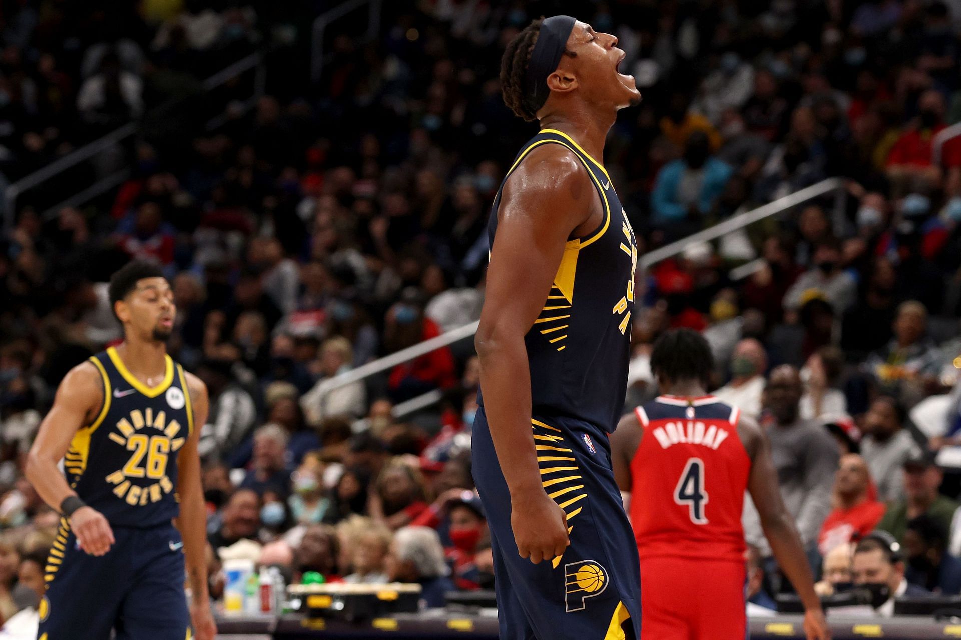 The Indiana Pacers celebrate a play against the Washington Wizards