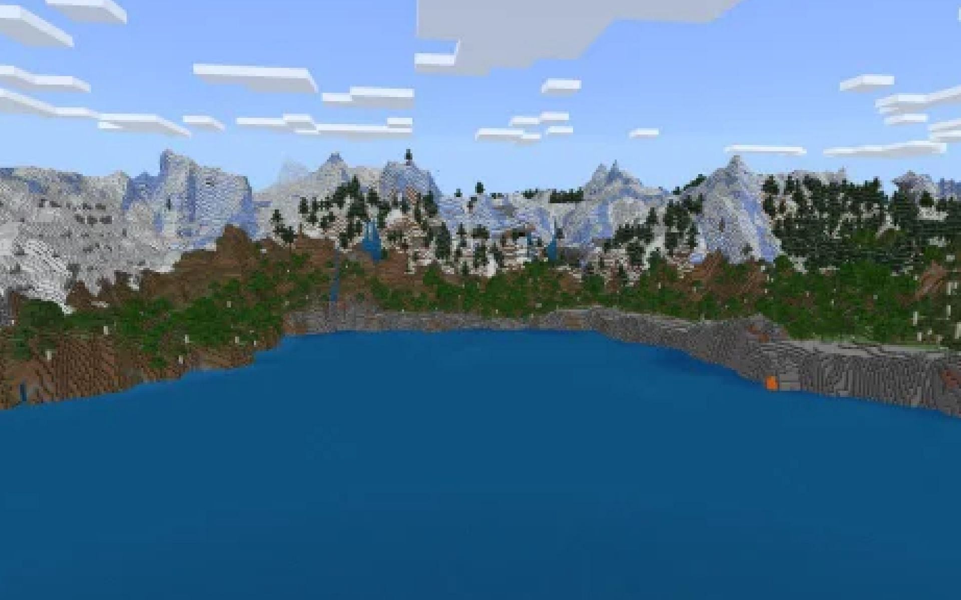 An ocean surrounded by mountains in Minecraft. (Image via u/OwenBHP on Reddit)