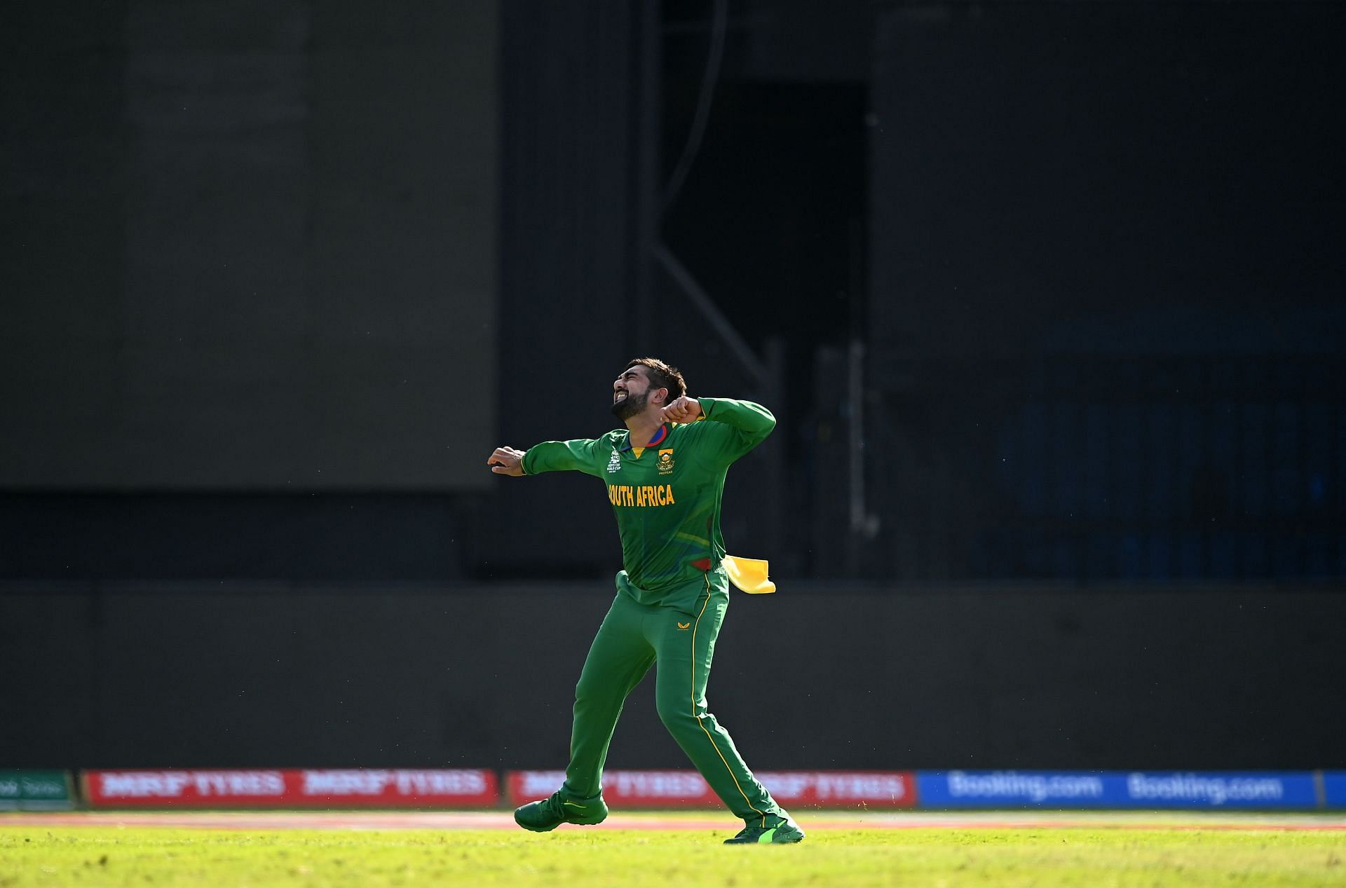 South African left-arm spinner Tabraiz Shamsi celebrates a wicket. Pic: Getty Images