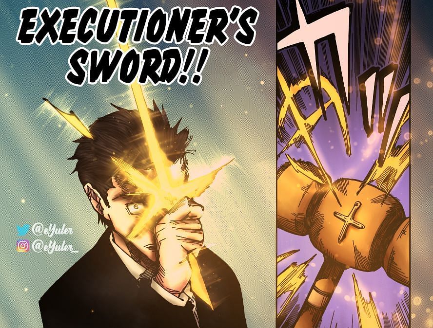 Higuruma&#039;s hammer turns into a sword (Image via tcbscans, coloring: eYuler)