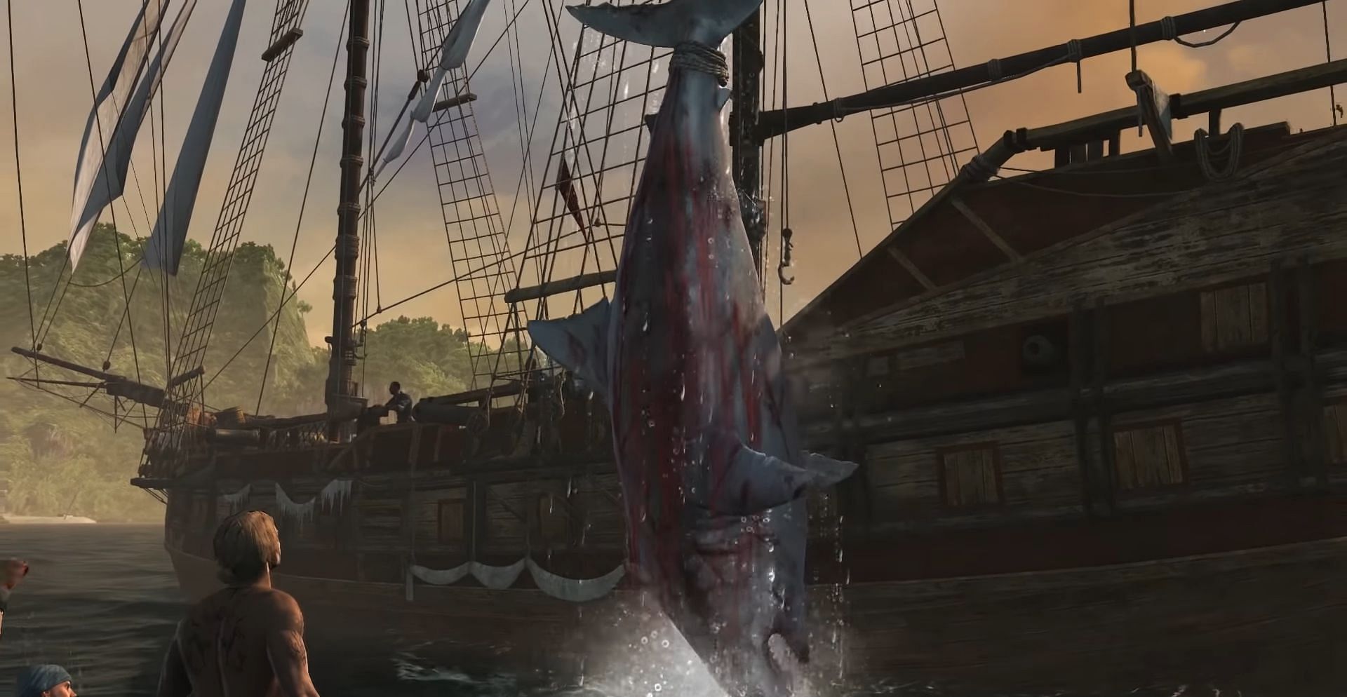 Catching a shark (Image via Assassin&#039;s Creed: Black Flag)