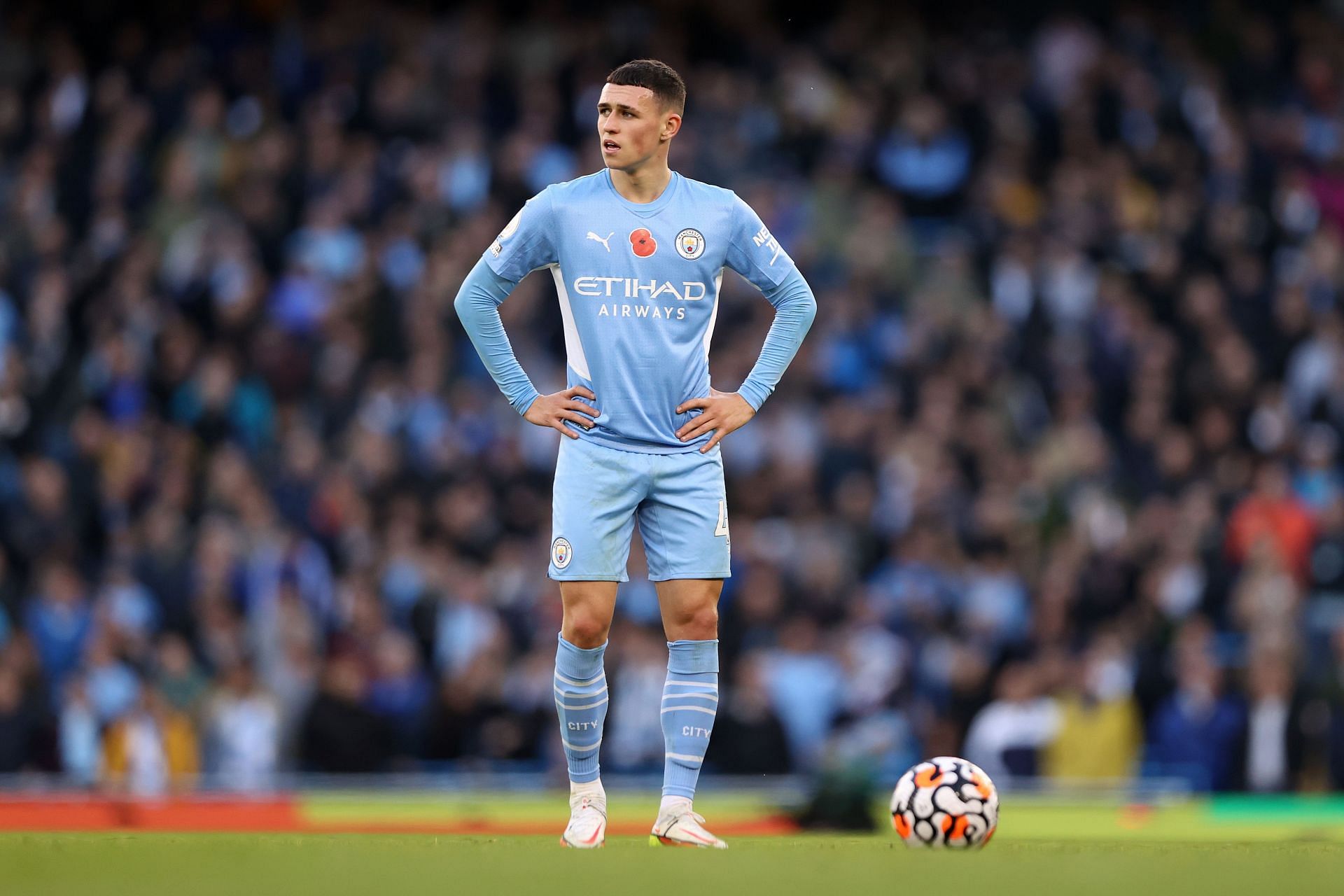 Phil Foden stands over the ball for a set-piece during Manchester City v Crystal Palace in the Premier League