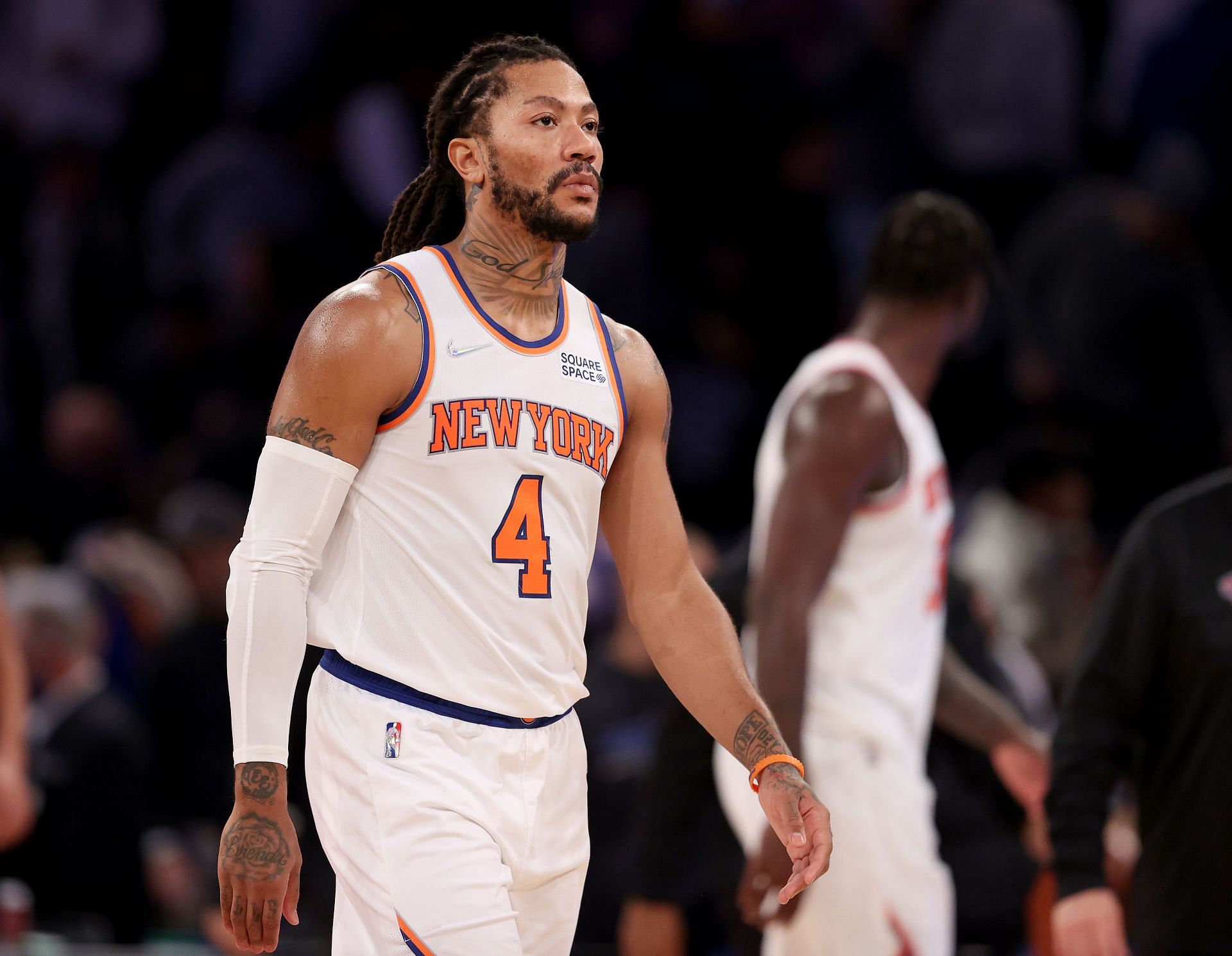Derrick Rose #4 of the New York Knicks walks off the court after the loss to the Orlando Magic at Madison Square Garden on November 17, 2021 in New York City. The Orlando Magic defeated the New York Knicks 104-98.