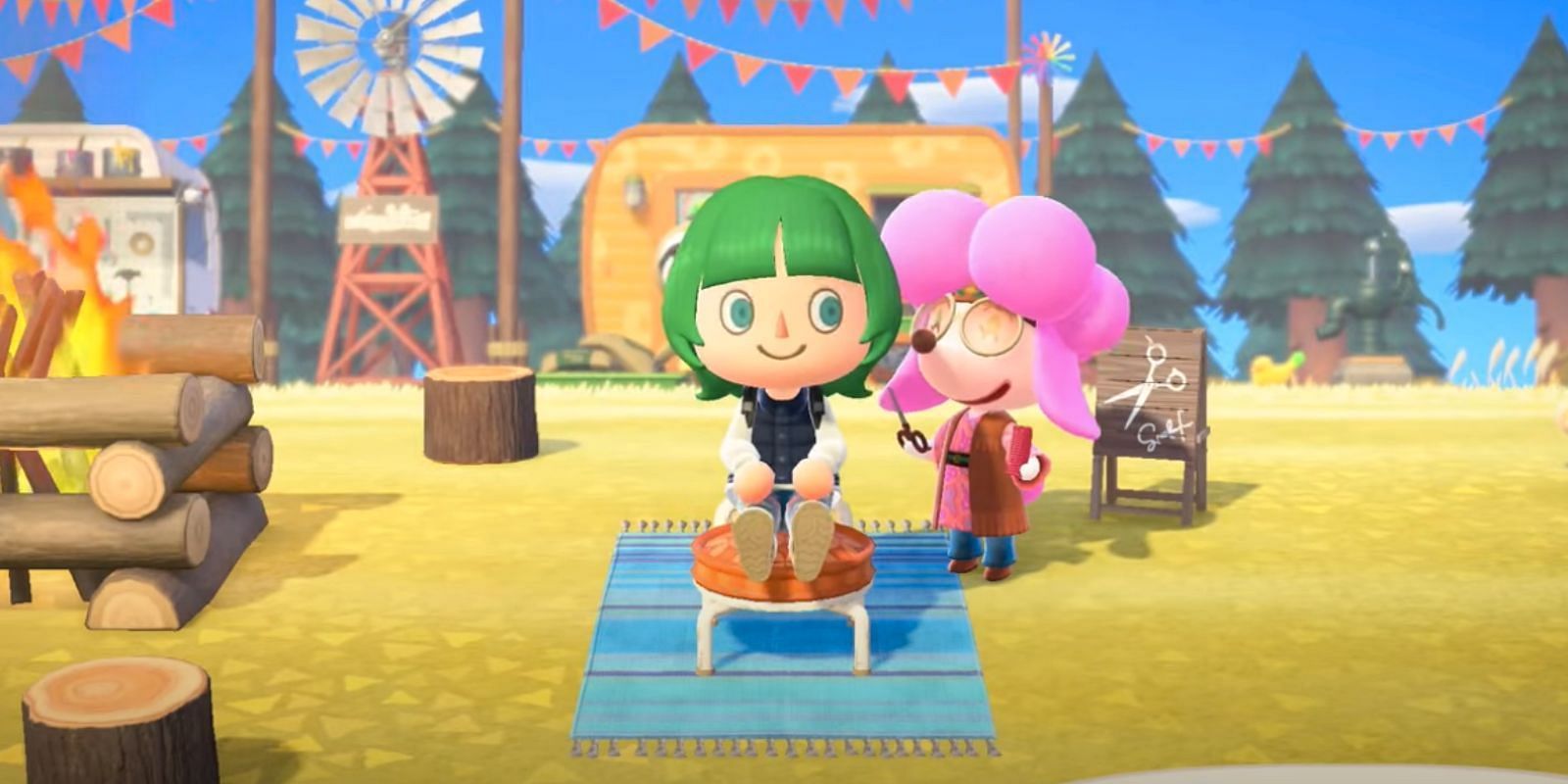 Animal Crossing players need to sit on Harriet&#039;s stump to receive a new cut (Image via Nintendo)