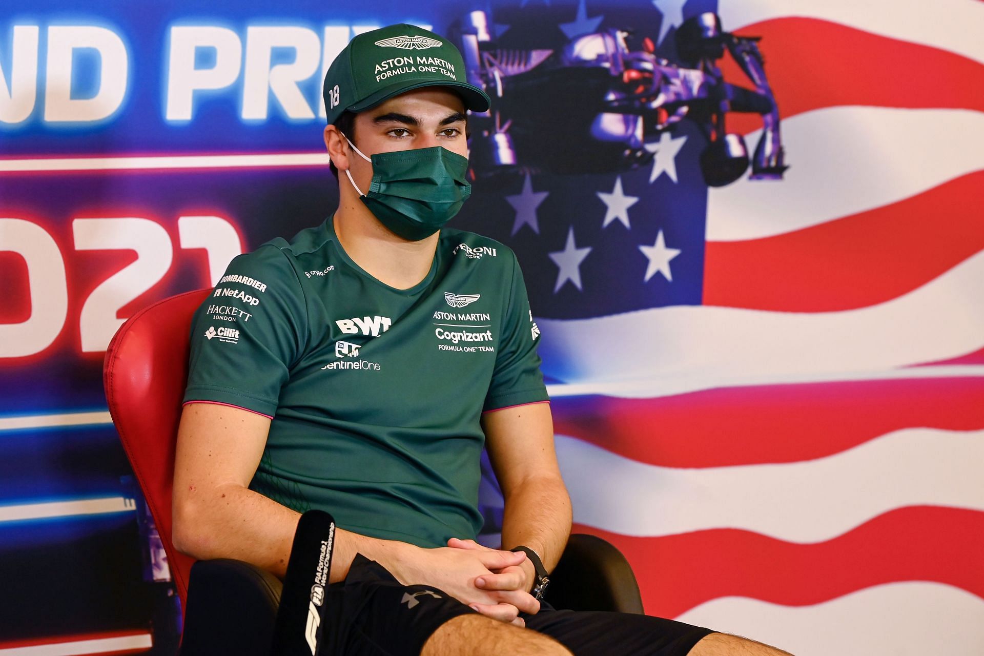 Lance Stroll of Aston Martin F1 Team talks in the Drivers Press Conference ahead of the 2021 USGP in Austin, Texas. (Photo by Mark Sutton - Pool/Getty Images)