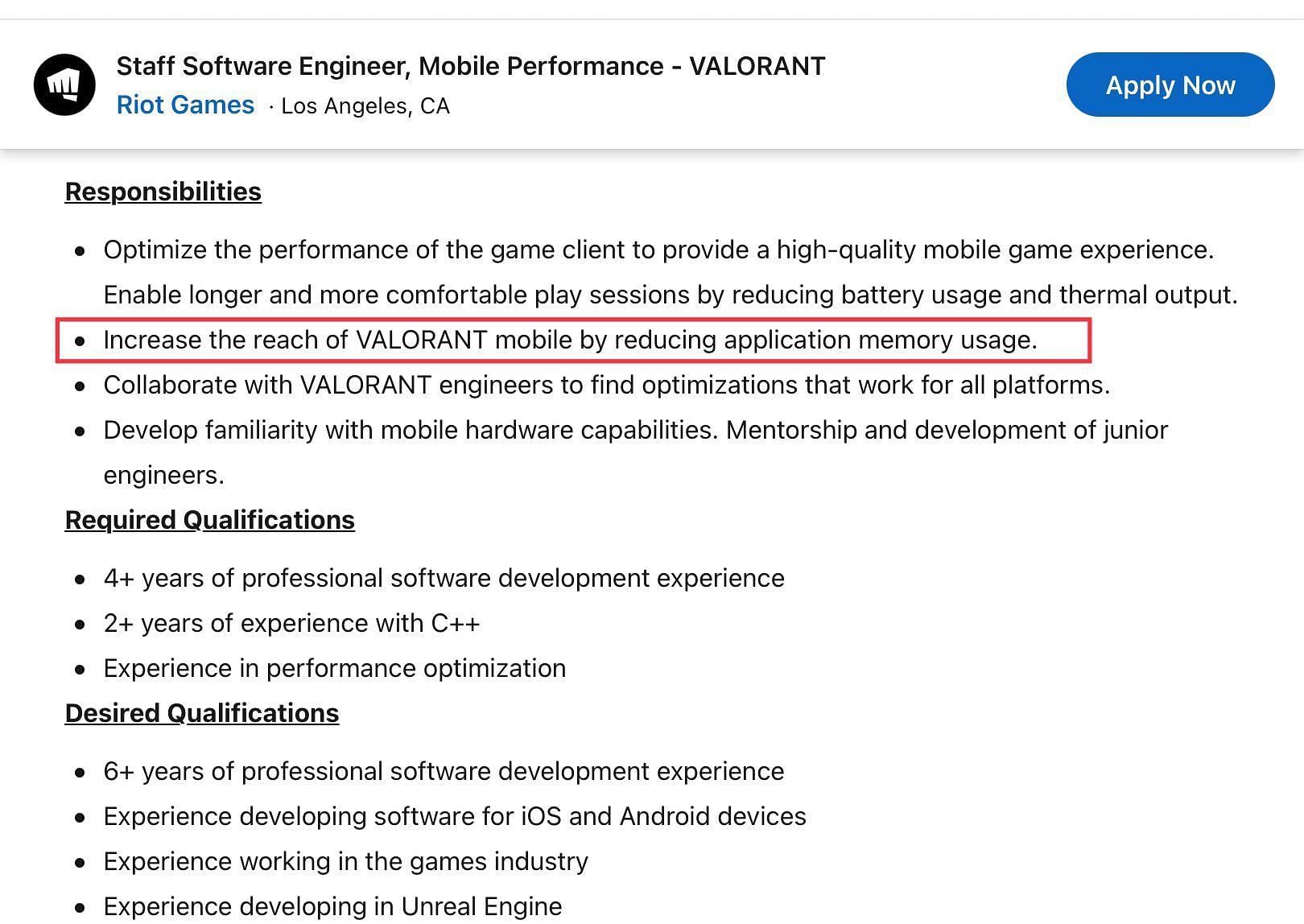 Riot Games official job posting. (Image from Riot Games/LinkedIn)