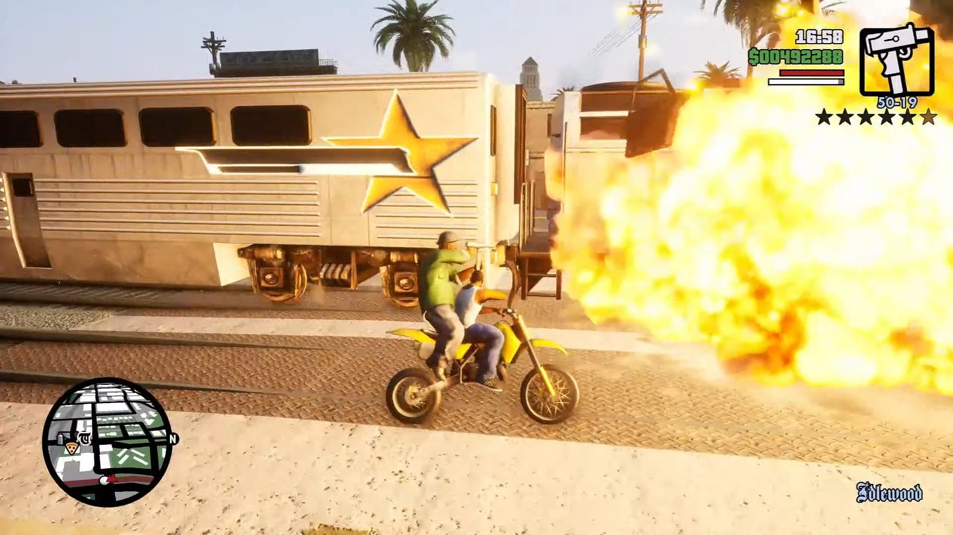 The scripted explosion, as it appears in the new game (Image via Rockstar Games)