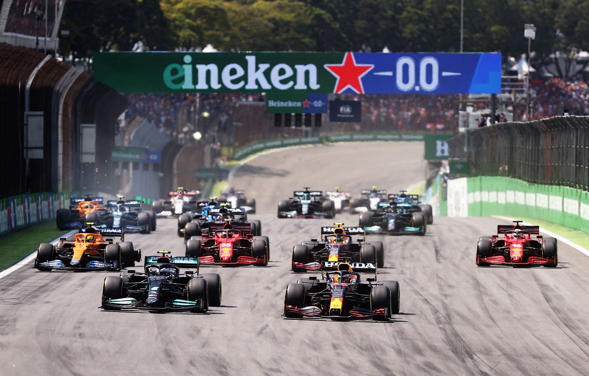 Max Verstappen leading the field at the start of the F1 Brazil Grand Prix race (Photo by Lars Baron/Getty Images).