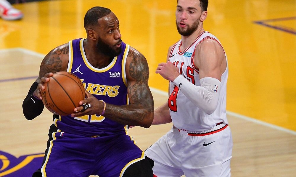 Zach LaVine of the Chicago Bulls guarding LeBron James of the LA Lakers [Source: USA Today]