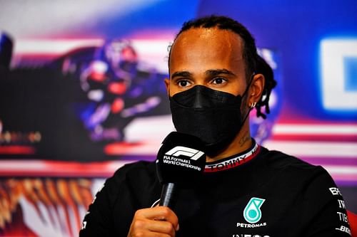 Second-placed Lewis Hamilton talks at a press conference after the 2021 Mexican GP. (Photo by Rudy Carezzevoli - Pool/Getty Images)